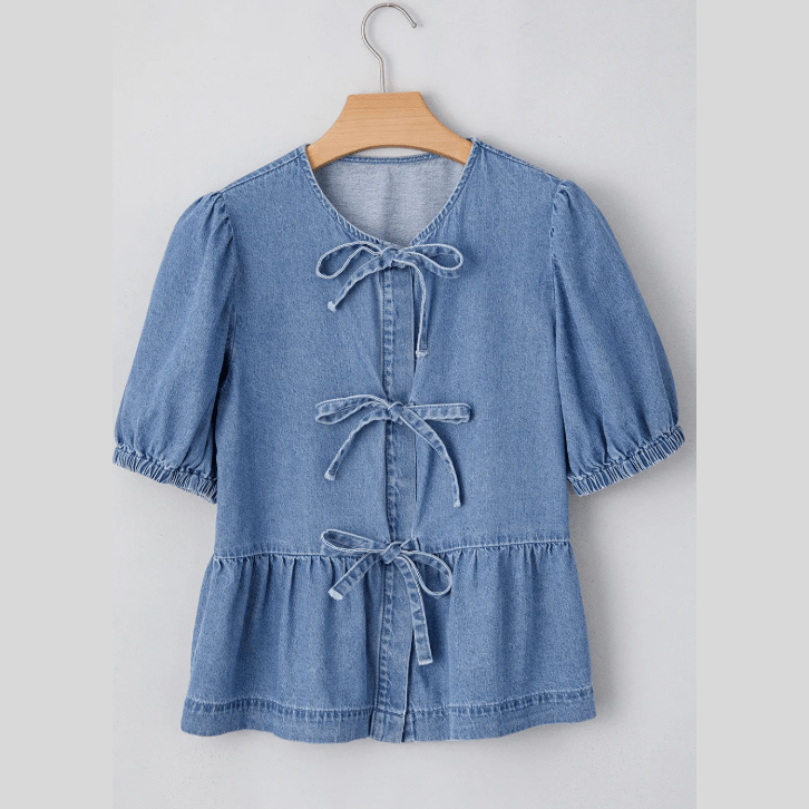 Hattie Dusk Blue Tied Front Bubble Sleeve Peplum Denim Shirt