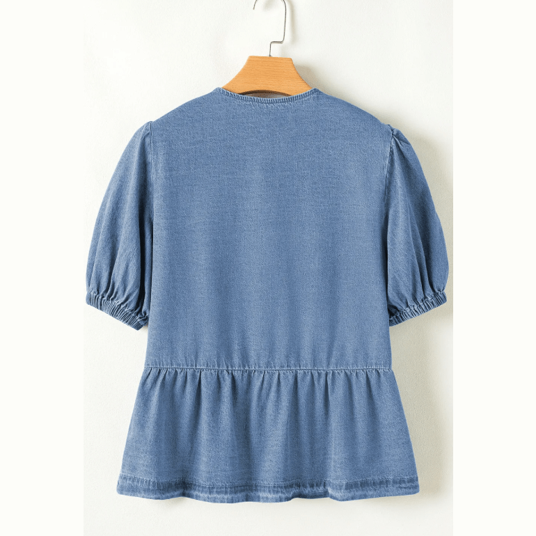 Hattie Dusk Blue Tied Front Bubble Sleeve Peplum Denim Shirt