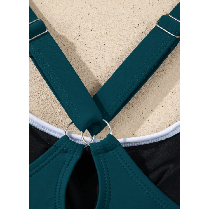 Waverly Teal Contrast Edge Ruffled High Waist One Piece Swim Dress