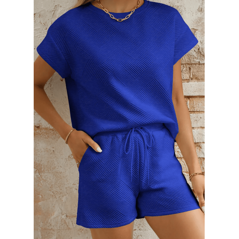 Britnee Royal Blue Textured Short Sleeve Top and Shorts Set