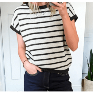 Haiden Black Stripe Bow Applique REVERSIBLE Short Sleeve Sweater