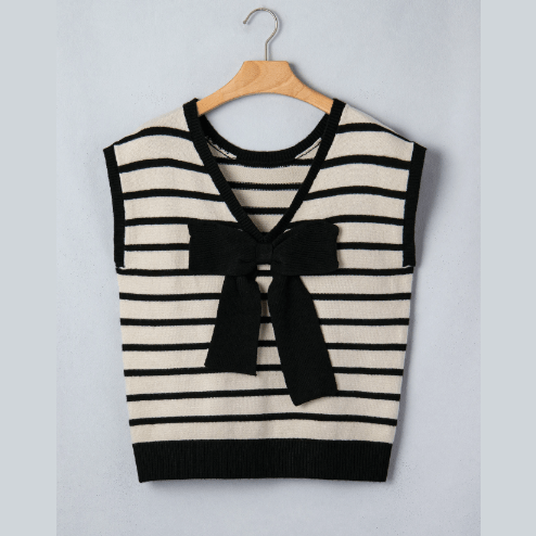 Haiden Black Stripe Bow Applique REVERSIBLE Short Sleeve Sweater