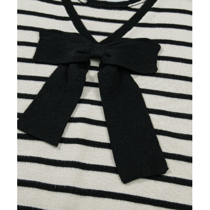 Haiden Black Stripe Bow Applique REVERSIBLE Short Sleeve Sweater