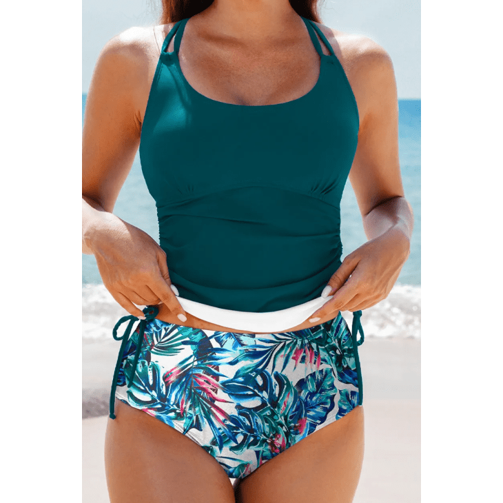 Rach Sea Green Drawstring Tummy Control Mix-and-match 2pcs Tankini Swimsuit