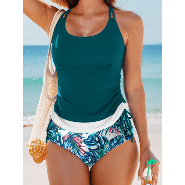 Rach Sea Green Drawstring Tummy Control Mix-and-match 2pcs Tankini Swimsuit