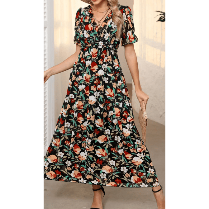 Penelope Black Fiery Floral Print Frilled V Neck Short Sleeve Maxi Dress