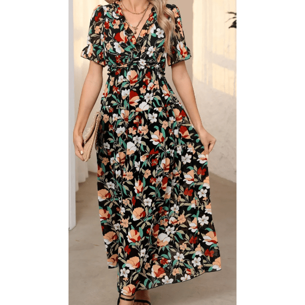 Penelope Black Fiery Floral Print Frilled V Neck Short Sleeve Maxi Dress