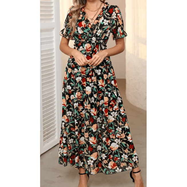 Penelope Black Fiery Floral Print Frilled V Neck Short Sleeve Maxi Dress
