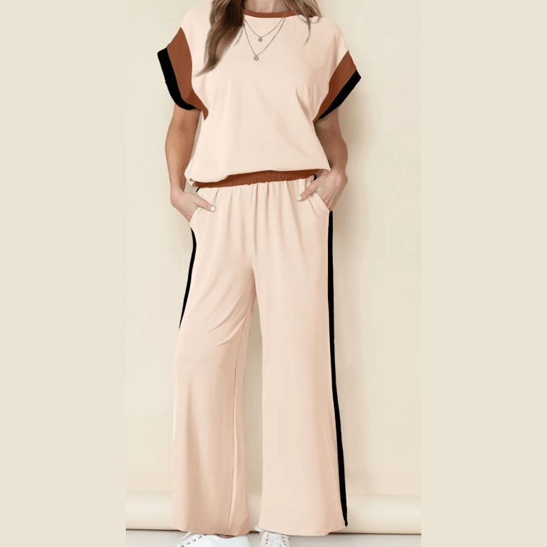 Kirsi Beige Color Block Detail Casual Two-piece Set