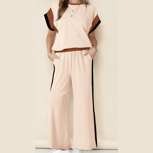 Kirsi Beige Color Block Detail Casual Two-piece Set