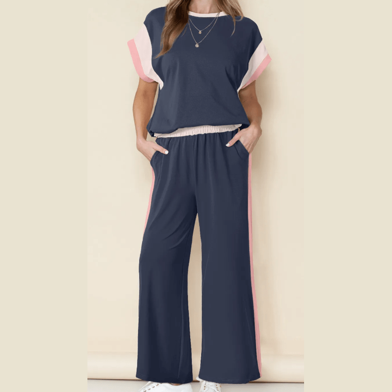 Kirsi Navy Color Block Detail Casual Two-piece Set