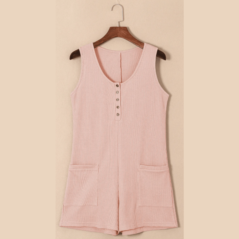 Neena Pink Waffle Sleeveless U Neck Buttons Romper With Pockets