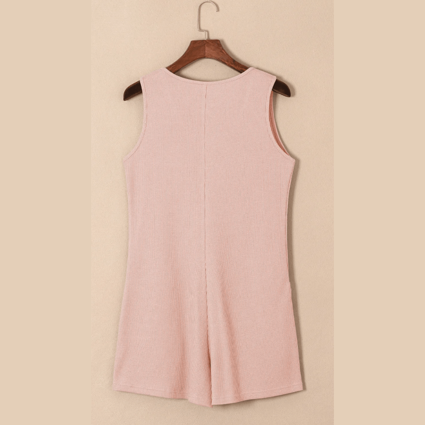 Neena Pink Waffle Sleeveless U Neck Buttons Romper With Pockets