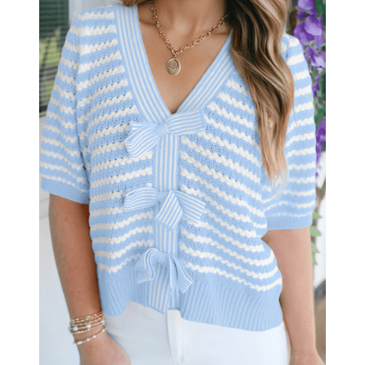 Graylee Sky BluePink Stripe Short Sleeve Knit V Neck Bow Knot Sweater