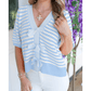 Graylee Sky BluePink Stripe Short Sleeve Knit V Neck Bow Knot Sweater