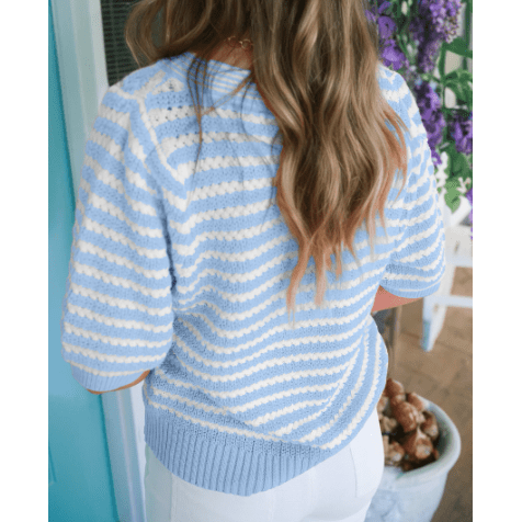 Graylee Sky BluePink Stripe Short Sleeve Knit V Neck Bow Knot Sweater