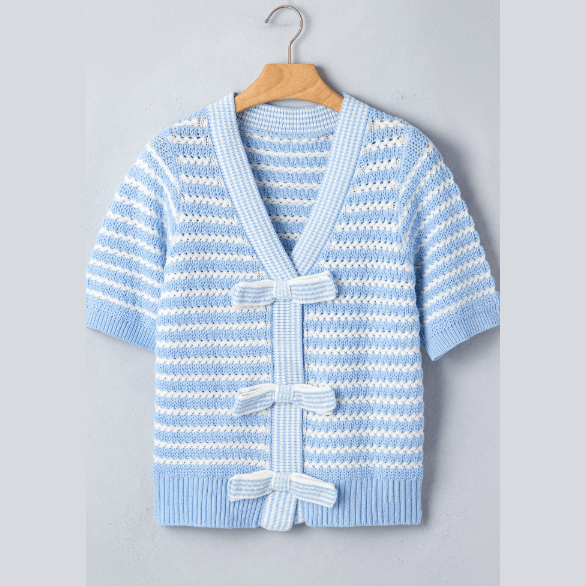 Graylee Sky BluePink Stripe Short Sleeve Knit V Neck Bow Knot Sweater