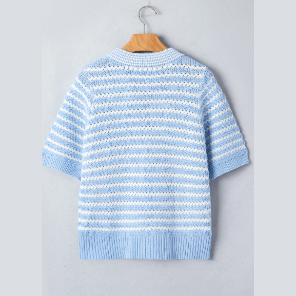 Graylee Sky BluePink Stripe Short Sleeve Knit V Neck Bow Knot Sweater