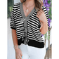 Graylee Black Stripe Short Sleeve Knit V Neck Bow Knot Sweater