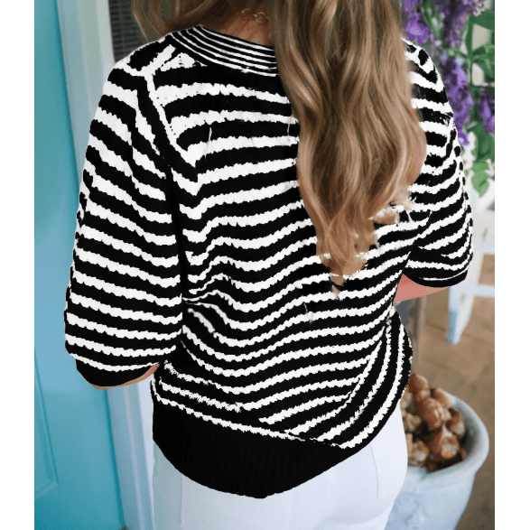 Graylee Black Stripe Short Sleeve Knit V Neck Bow Knot Sweater