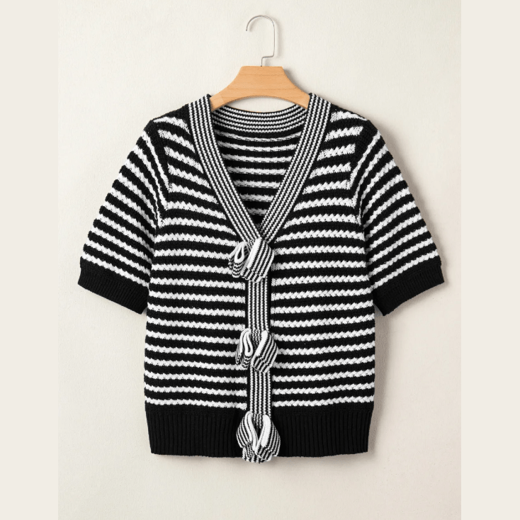 Graylee Black Stripe Short Sleeve Knit V Neck Bow Knot Sweater