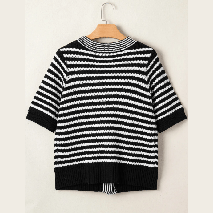 Graylee Black Stripe Short Sleeve Knit V Neck Bow Knot Sweater