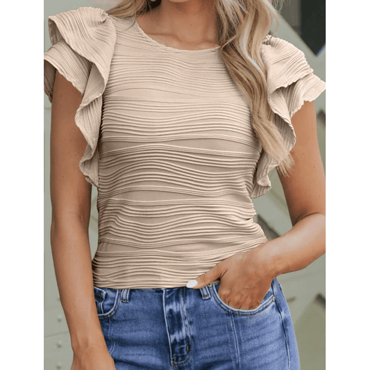 Donetta Khaki Wavy Textured Ruffle Sleeve Top
