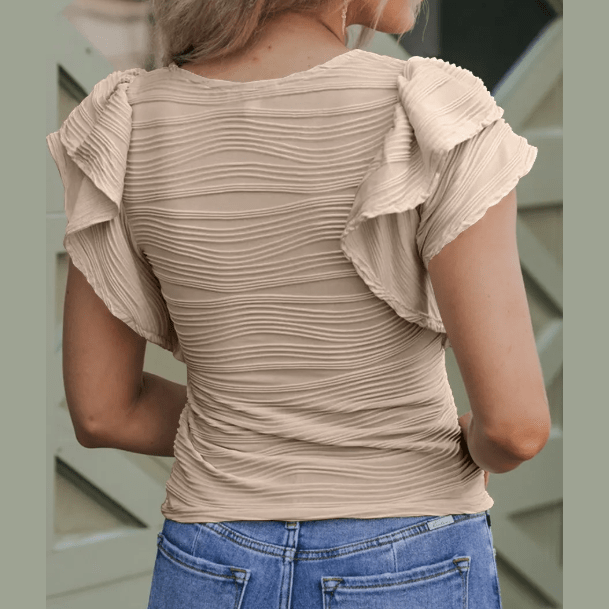 Donetta Khaki Wavy Textured Ruffle Sleeve Top