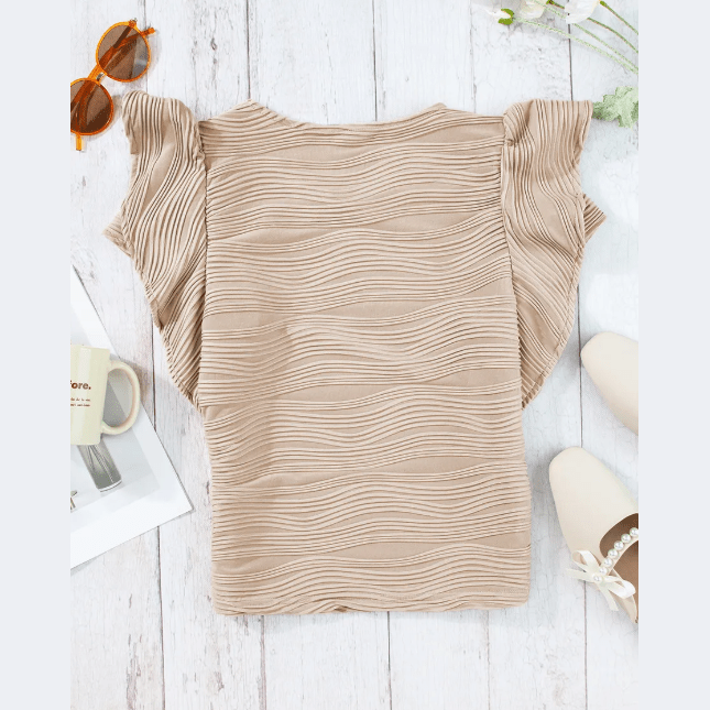 Donetta Khaki Wavy Textured Ruffle Sleeve Top