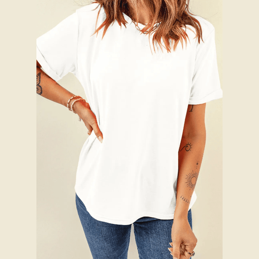 Valeria White Casual Plain Crew Neck Tee