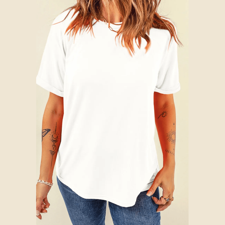 Valeria White Casual Plain Crew Neck Tee