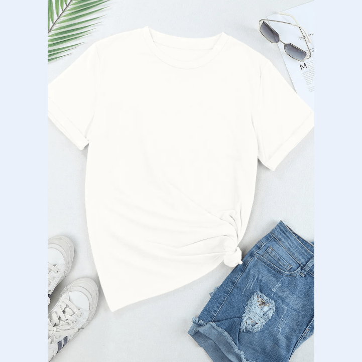 Valeria White Casual Plain Crew Neck Tee
