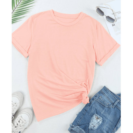 Valeria Pink Casual Plain Crew Neck Tee