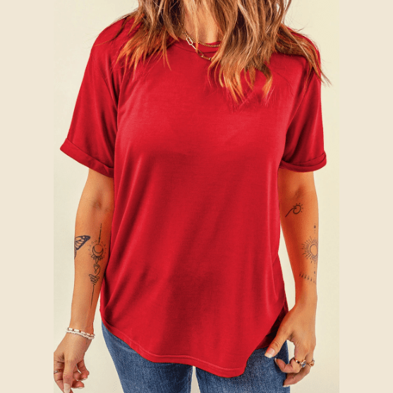 Valeria Red Casual Plain Crew Neck Tee
