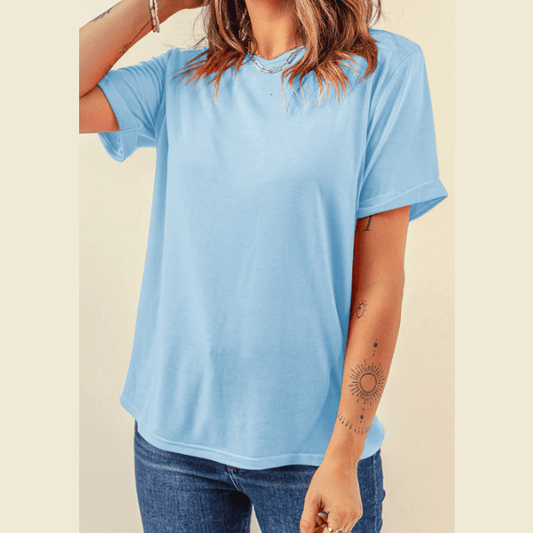 Valeria Light Blue Casual Plain Crew Neck Tee