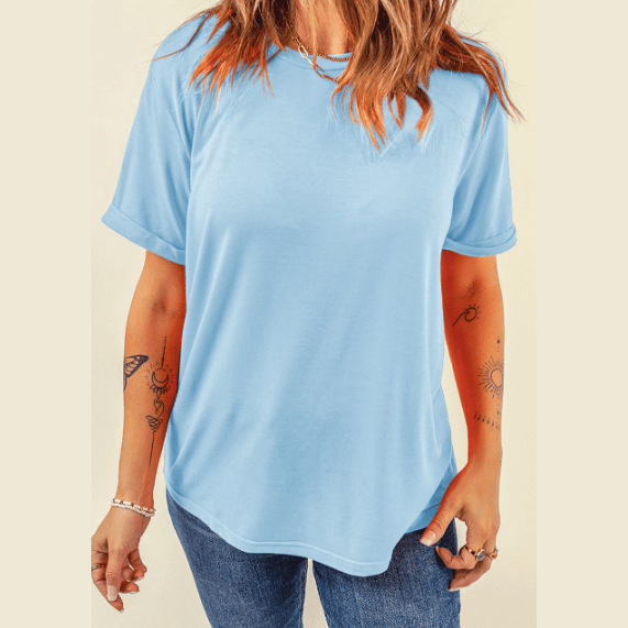 Valeria Light Blue Casual Plain Crew Neck Tee
