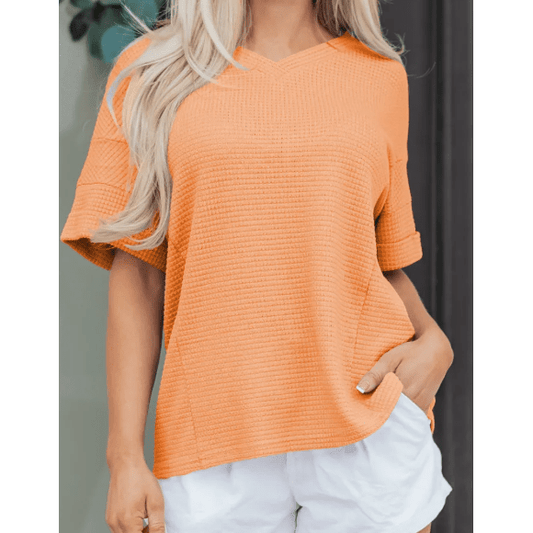 Jackie Grapefruit Orange Waffle V Neck Short Sleeve Knit Top