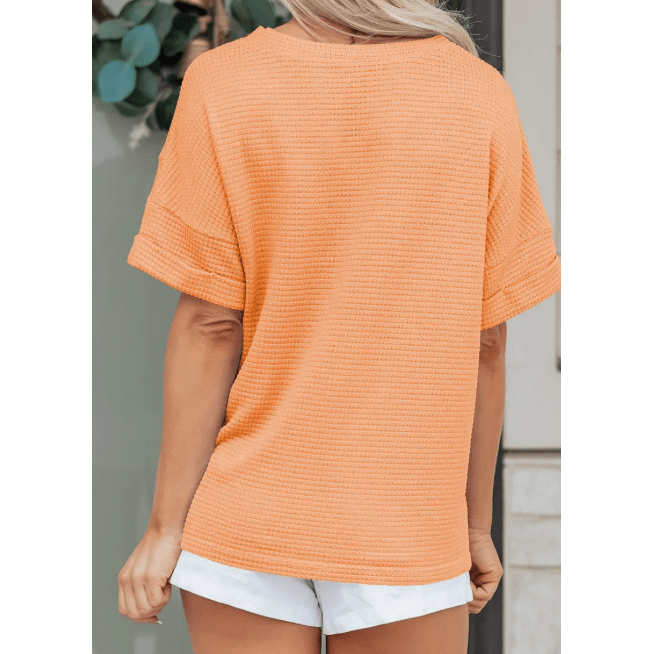 Jackie Grapefruit Orange Waffle V Neck Short Sleeve Knit Top