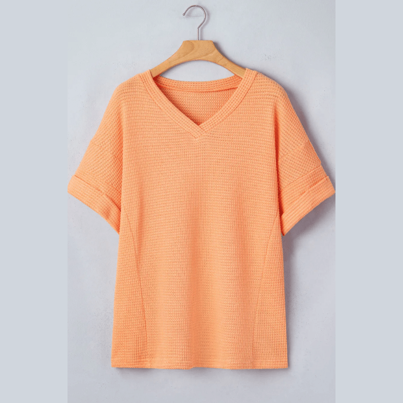 Jackie Grapefruit Orange Waffle V Neck Short Sleeve Knit Top