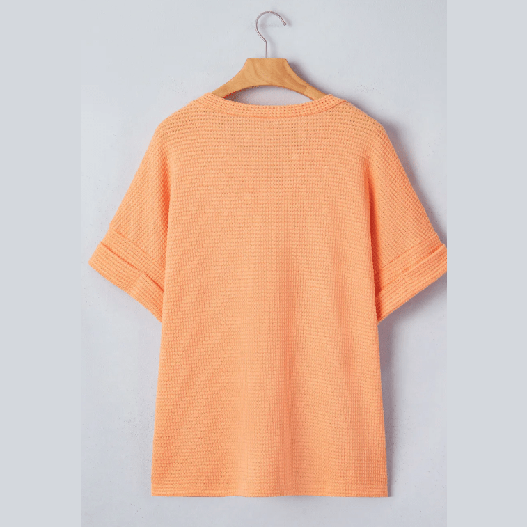 Jackie Grapefruit Orange Waffle V Neck Short Sleeve Knit Top