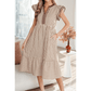 Sharletta Brown Stripe Double Ruffled Short Sleeve Contrast Trim V Neck Midi Dress