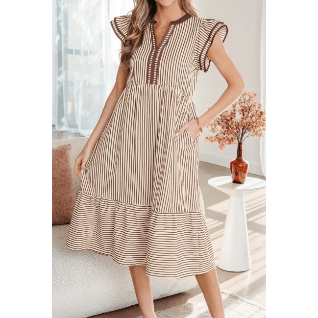 Sharletta Brown Stripe Double Ruffled Short Sleeve Contrast Trim V Neck Midi Dress
