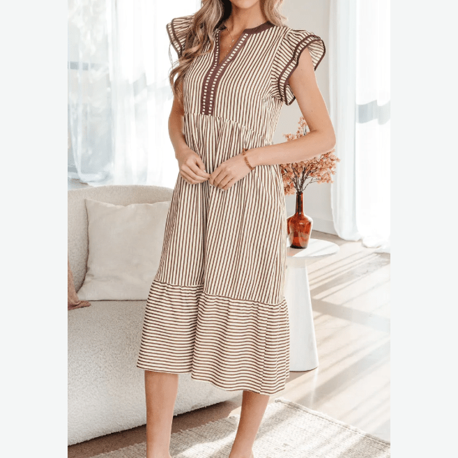 Sharletta Brown Stripe Double Ruffled Short Sleeve Contrast Trim V Neck Midi Dress
