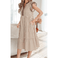 Sharletta Brown Stripe Double Ruffled Short Sleeve Contrast Trim V Neck Midi Dress