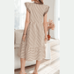 Sharletta Brown Stripe Double Ruffled Short Sleeve Contrast Trim V Neck Midi Dress