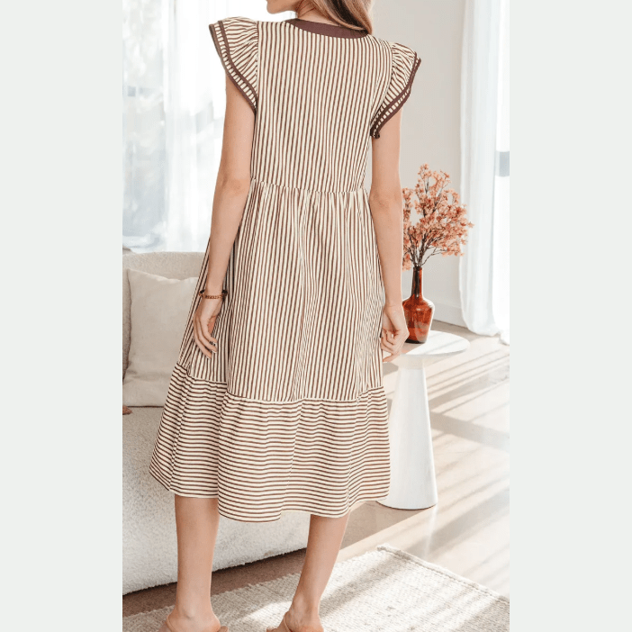 Sharletta Brown Stripe Double Ruffled Short Sleeve Contrast Trim V Neck Midi Dress