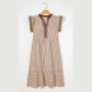 Sharletta Brown Stripe Double Ruffled Short Sleeve Contrast Trim V Neck Midi Dress