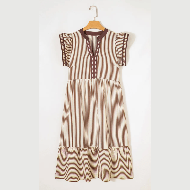 Sharletta Brown Stripe Double Ruffled Short Sleeve Contrast Trim V Neck Midi Dress