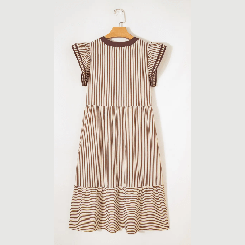 Sharletta Brown Stripe Double Ruffled Short Sleeve Contrast Trim V Neck Midi Dress