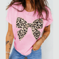 Pink Leopard Bow Embroidered Cotton Round Neck T Shirt